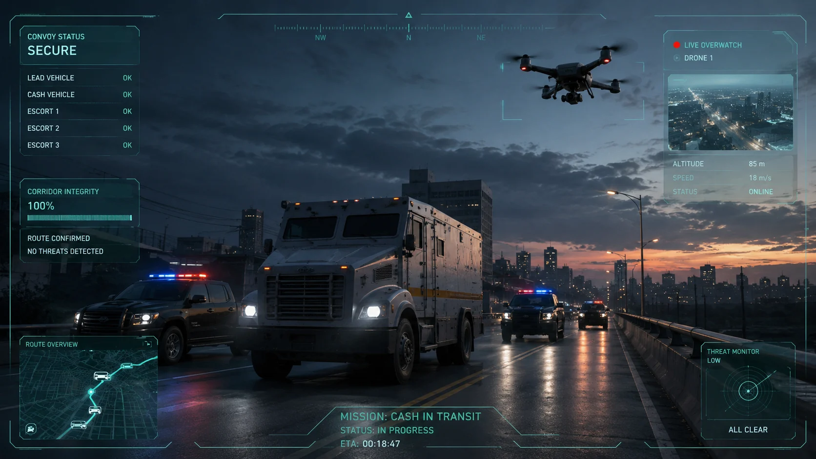 Protected cash-in-transit vehicle travelling with ground escort while an aerial drone monitors the mission