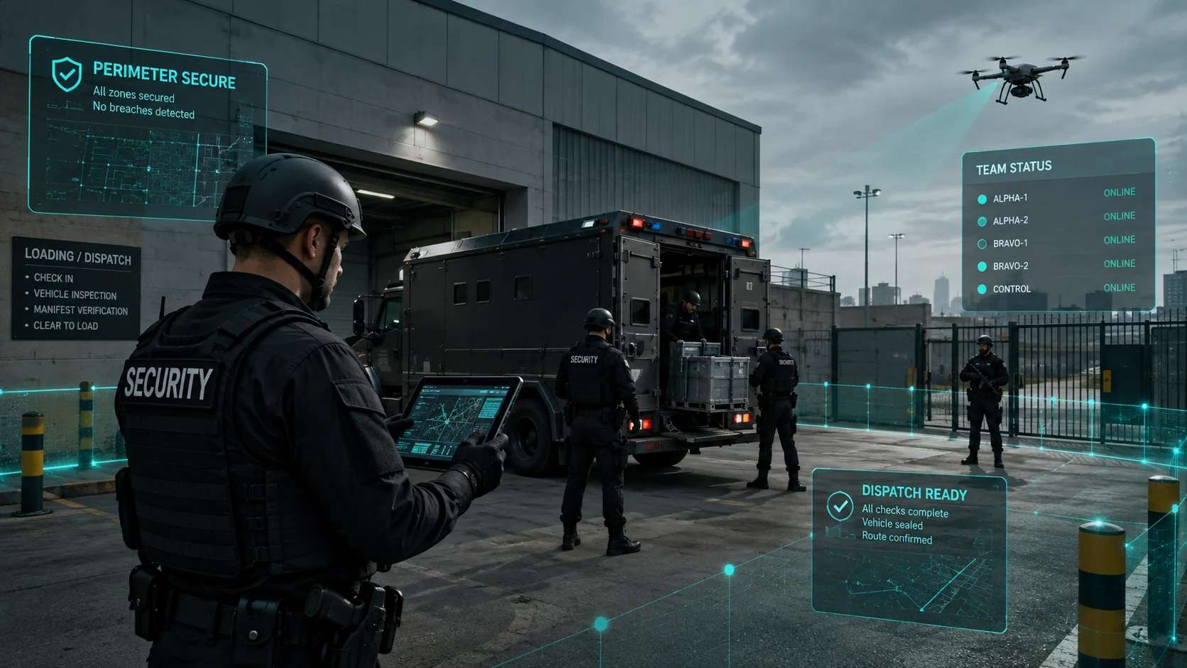 Professional security officers protecting a secure dispatch location while a drone provides aerial monitoring