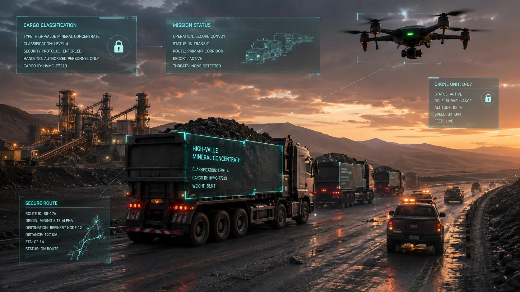 High-value mineral cargo travelling in a protected convoy with aerial drone monitoring