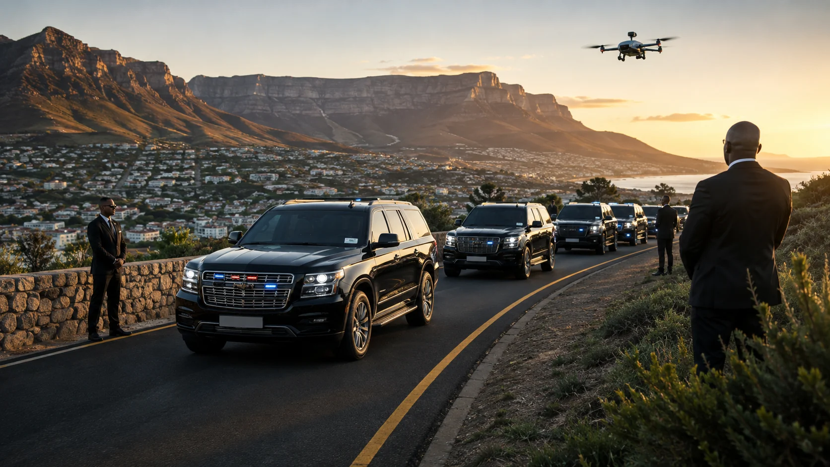 Generic executive motorcade moving through Cape Town with security officers positioned along the route and a drone overhead