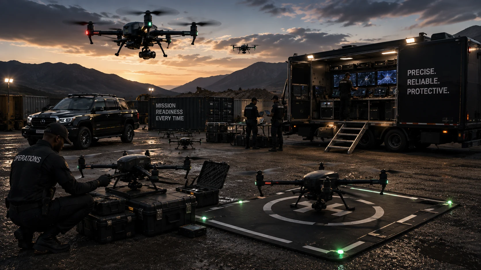 A mobile drone operations base with multiple mission-ready aircraft, operators and command systems