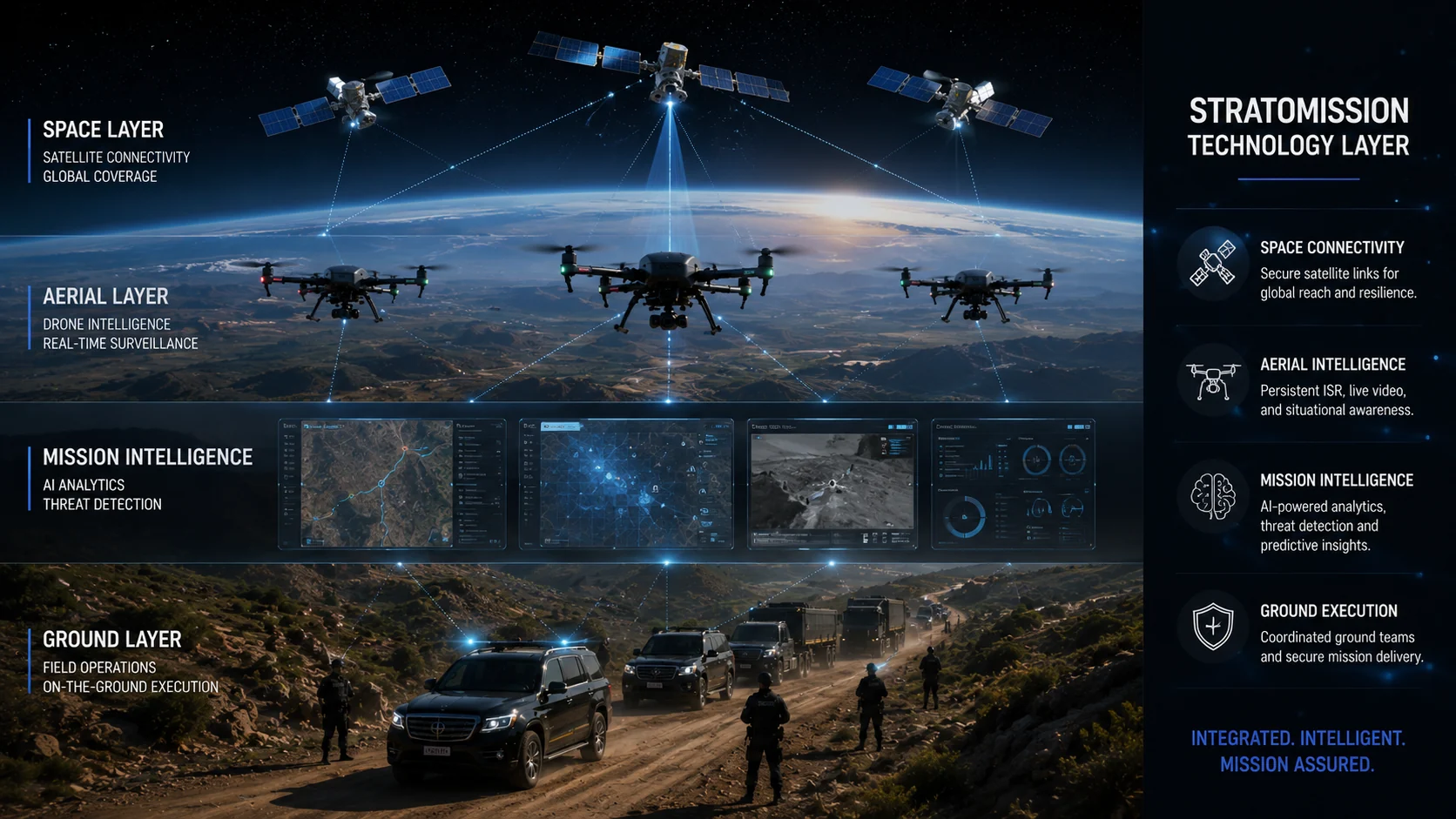 Technology architecture showing satellites, drones, mission intelligence and ground security connected from space to protected journeys