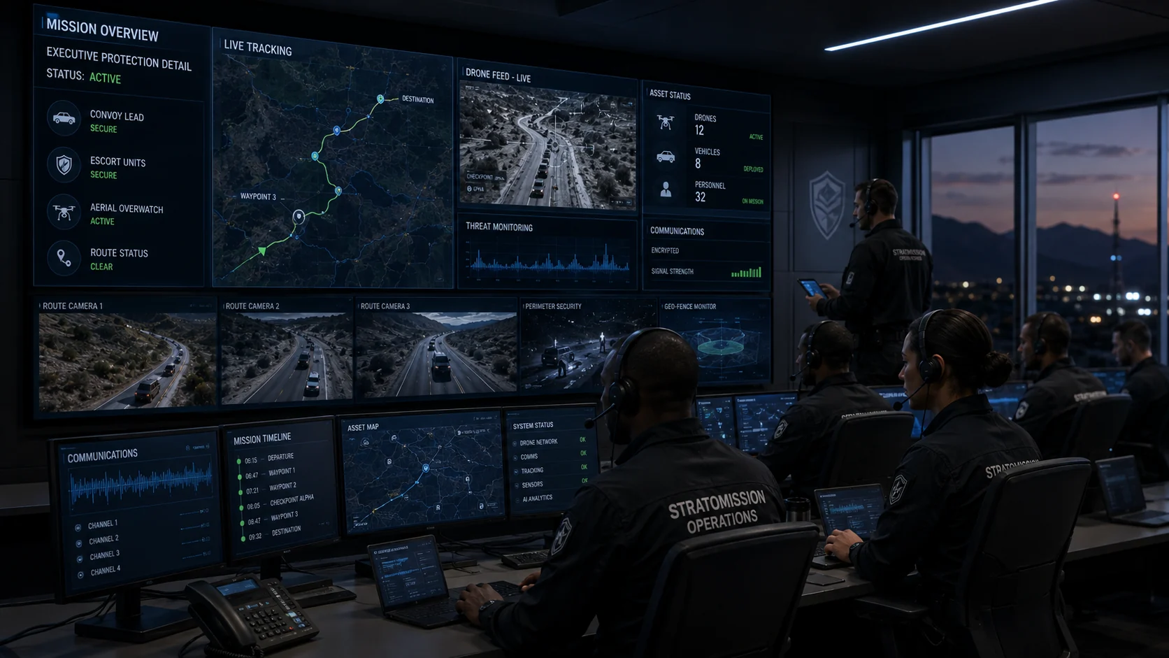Mission control centre monitoring an executive protection mission with live route tracking, drone feeds, response status and communications
